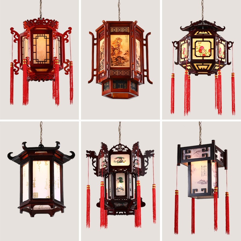 中式吊灯实木六角阳台灯笼仿古茶楼寺庙灯国风玄关走廊餐厅灯具