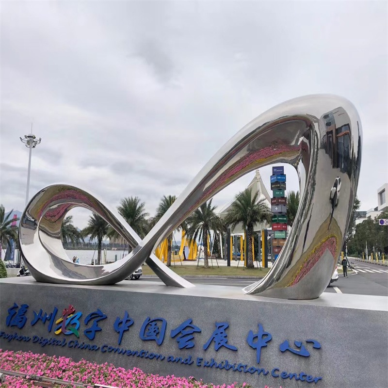 福州数字中国会展中心装饰镜面不锈钢纽带主题雕塑厂家报价