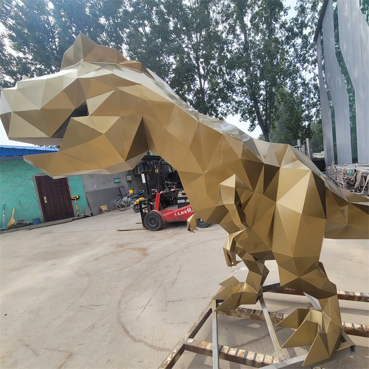 大型不锈钢恐龙雕塑，几何切面动物雕塑