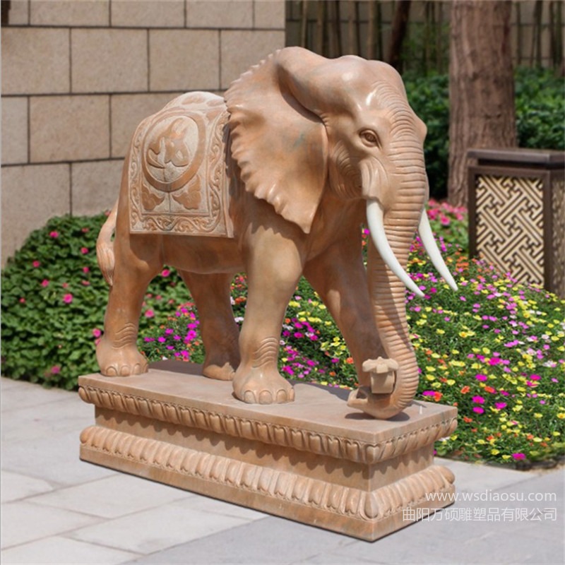 万硕    晚霞红石雕大象 汉白玉大象 门口石象一对 公园石雕动物图片