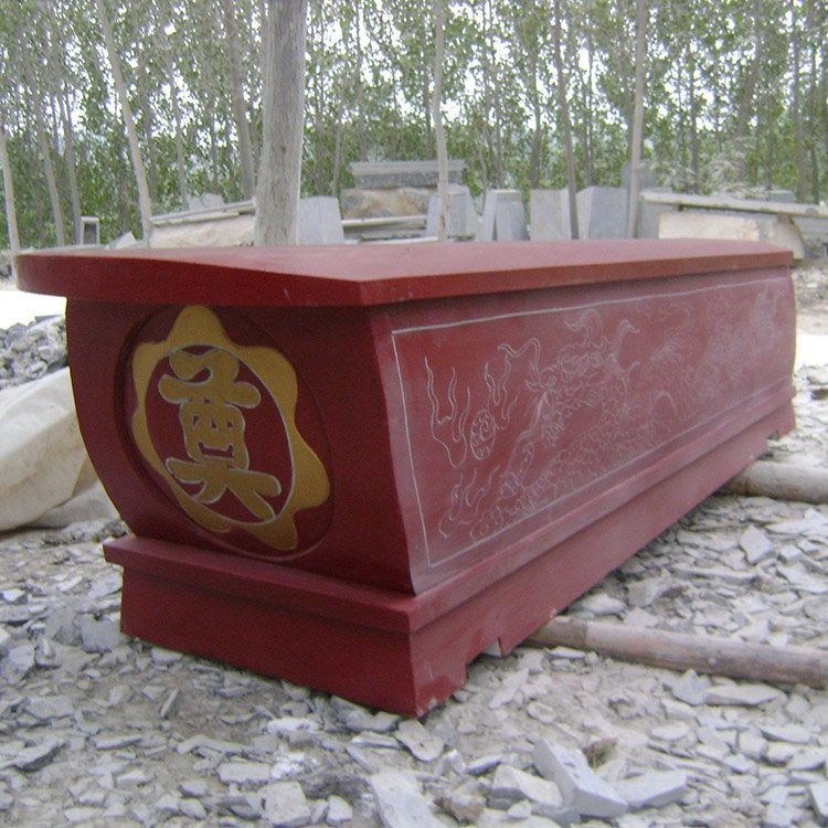 农村传统中式晚霞红石棺材 比重2.9g/cm3 浮雕工艺 龙景石材
