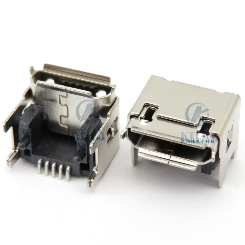 micro 5pin USB母座 90度 四脚插板 加高4.15mm 双外壳 带柱 卷边 5p