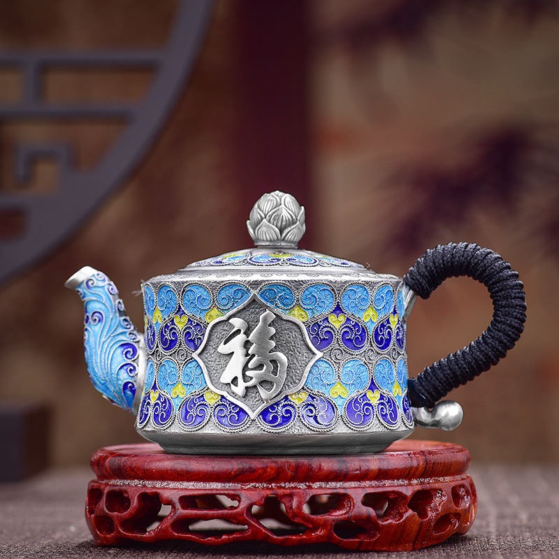 纯银999银壶 银茶壶纯手工珐琅景泰蓝泡茶壶 功夫银茶器茶杯