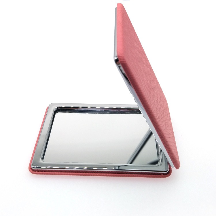 粉色双面皮革化妆镜 便携美妆PU小镜子烫金logo 广告礼品纯色方形圆形镜工厂定制