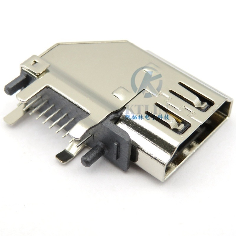 侧插 HDMI 19pin母座 90度 侧立式 四脚插板 带柱 锁板式 19p连接器