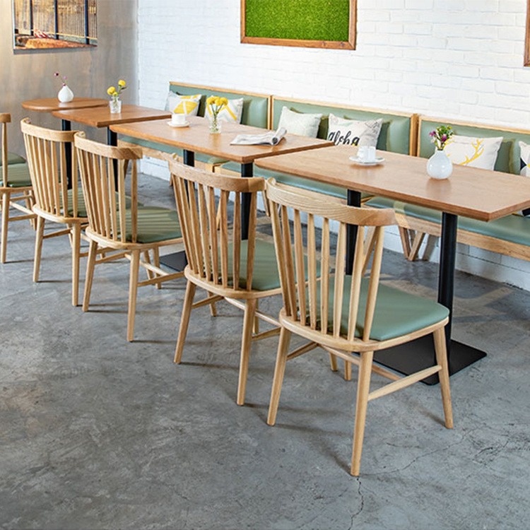 北欧实木餐椅网红温莎椅靠墙卡座茶餐厅沙发桌椅组合 东莞迪佳家具图片