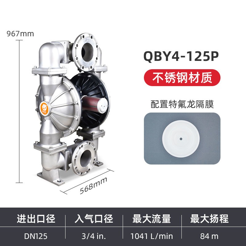 QBY3气动隔膜泵 固德牌QBY4-125PTFF不锈钢材质耐酸碱自吸无堵塞泵