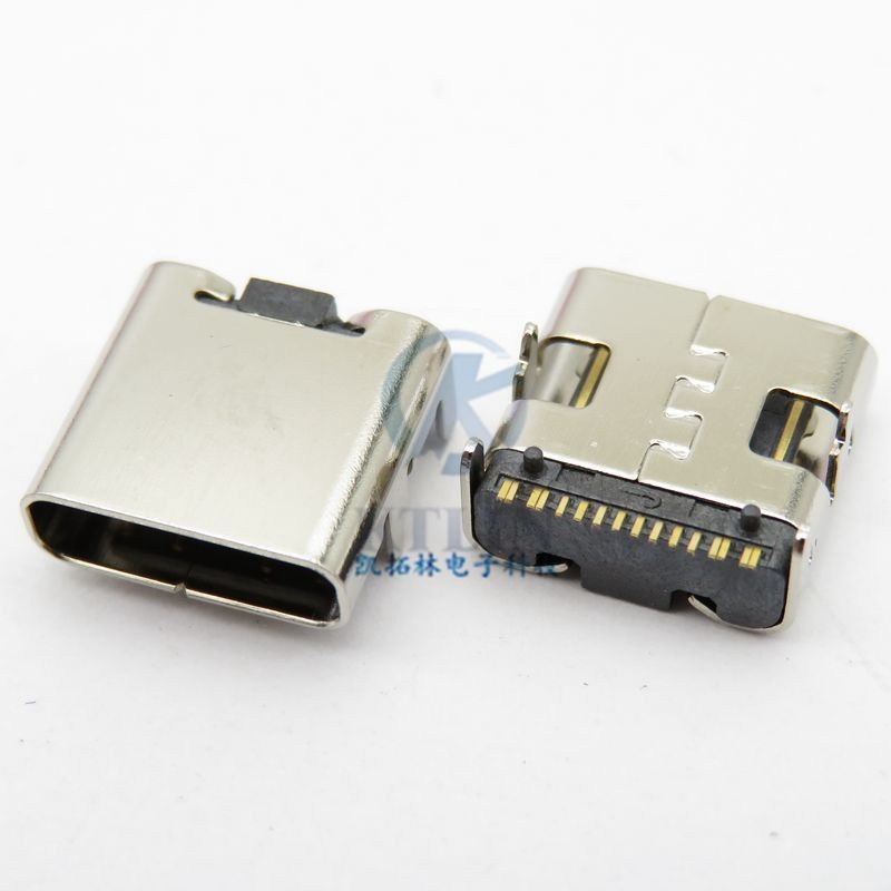 Typec 16p USB 母座 卧式 四脚直插 单排贴片 带柱 直边 16pin连接器
