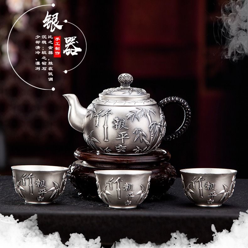竹报平安银壶999纯银小茶壶 纯手工银茶壶茶具功夫茶壶烧水壶