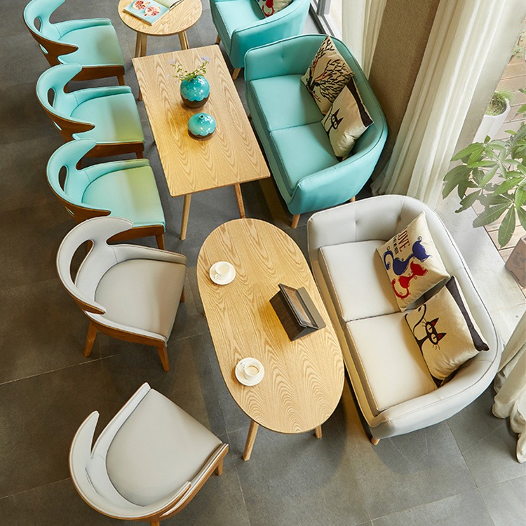 迪佳家具实木餐桌北欧椭圆餐桌椅组合洽谈桌奶茶店烘焙甜品店卡座沙发