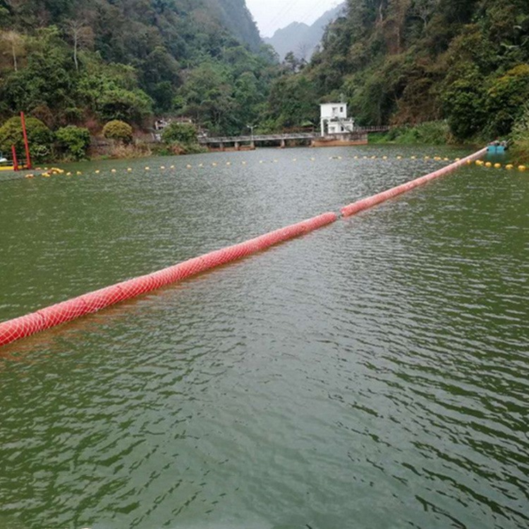 日照湖面警戒浮排20公分粗绳索串联塑料浮筒柏泰水面警示标示浮体批发