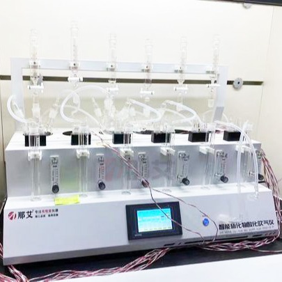 水质硫化物酸化吹气仪器,设计了加酸瓶塞摆放架,采用恒温内循环水浴加热方式图片