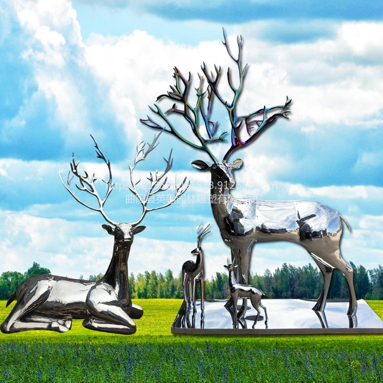 大型不锈钢鹿雕塑母子鹿三口之家户外公园草坪金属镜面摆件绿化景观鹿组合装饰图片