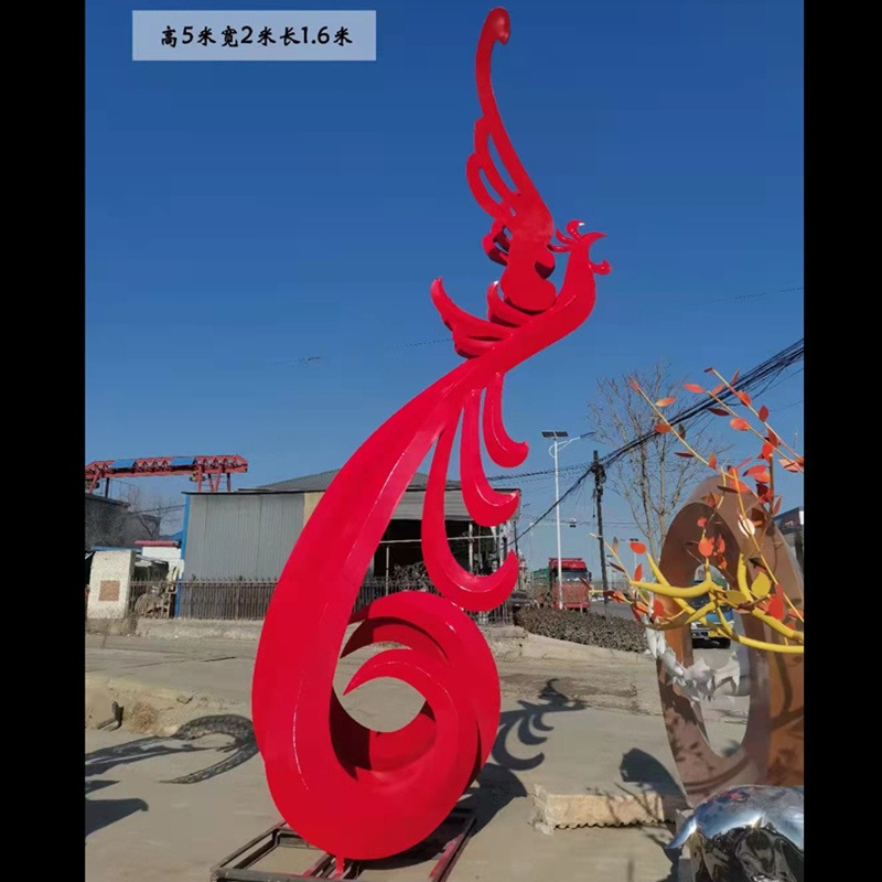 创意抽象金属雕塑 不锈钢凤凰 大型景观标志性雕塑摆件 红色凤凰尾雕塑