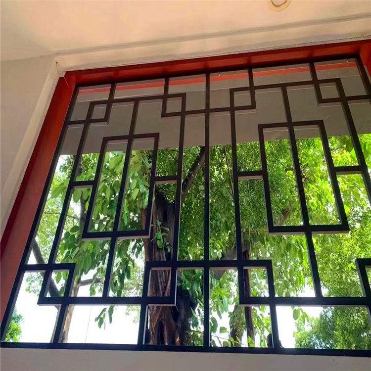 仿古中式金属窗花 铝合金木纹色铝花格厂家定制