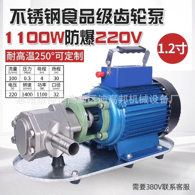 WCB便携式电动齿轮油泵304不锈钢WCB-100配1100W电机