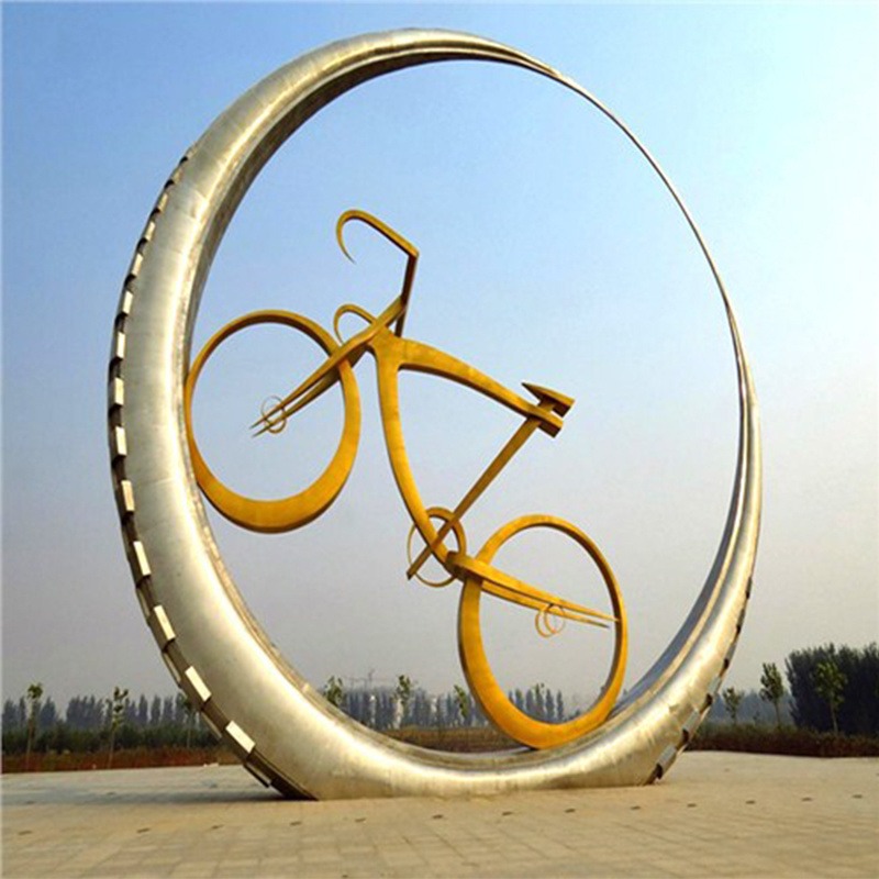 不锈钢自行车雕塑 抽象自行车雕塑 圆环雕塑 户外广场摆件 园林景观雕塑图片