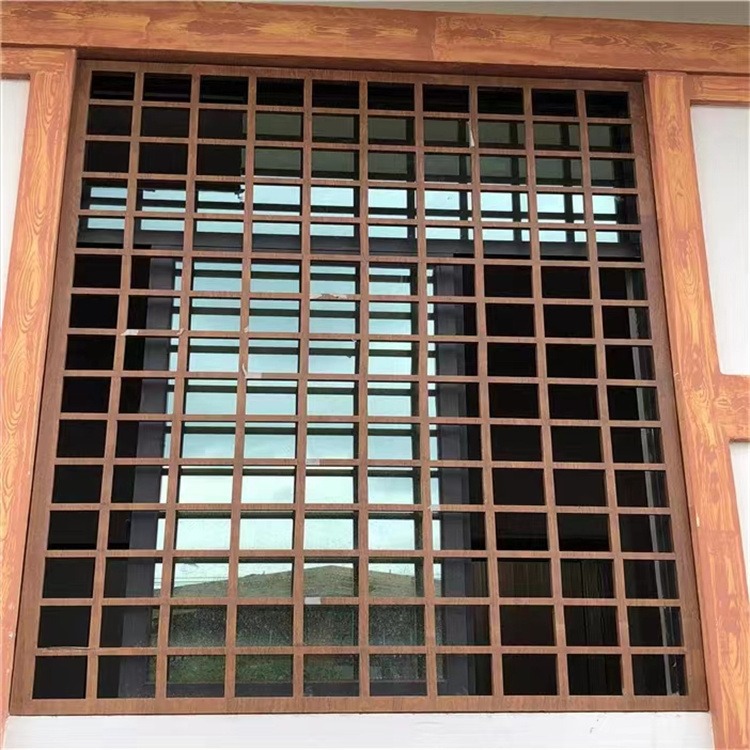 仿古金属构件 定制中式复古铝合金木纹铝窗花高速服务区装饰环保阻燃铝花格