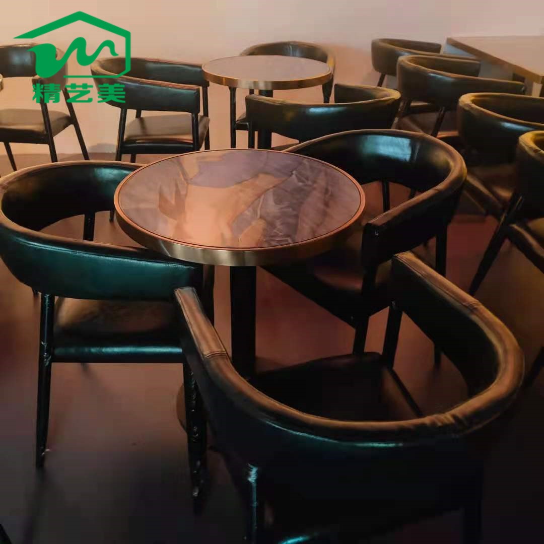 上海美式铁艺卡座沙发 工业风长条形板式餐桌椅成套 自选快餐四人位餐桌 高端KTV两人位大理石餐桌 高大尚餐厅岩板两人餐桌