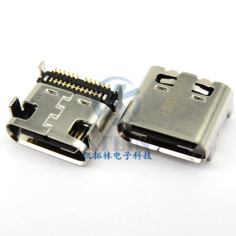 type-c 24pin USB母座 四脚直插 90度 TYPEC插座 错位针 24p