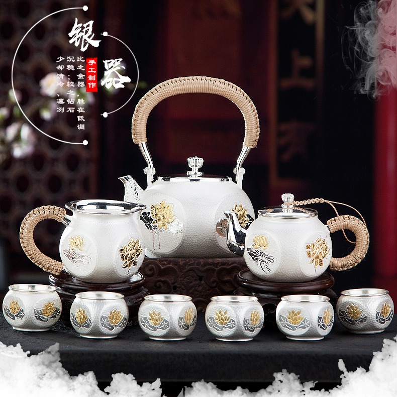 一套纯银茶具价格 S999银茶具套装 手工银质茶壶茶杯批发图片